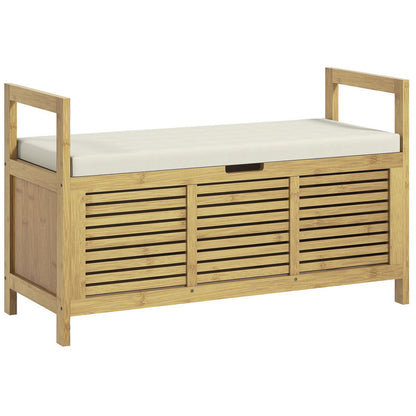 Modern Bamboo & Metal Shoe Storage Bench with Soft Cushioned Seat - Freestanding Entryway Organizer with Hidden Storage, Space-Saving Design for Hallway, Living Room, Bedroom - Sturdy Shoe Rack Bench with Soft Padding, 39.4"x