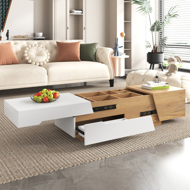 Salontafel – Koffietafel – Woonkamertafel – Bijzettafel – Uitschuifbare Tafel – MDF Houtlook Wit – Met Opberglades – 120x50x37,5 cm