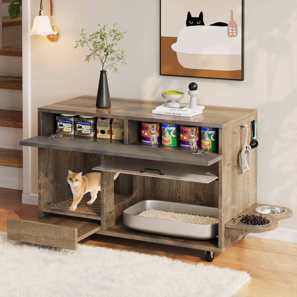 Kattenbakkast – Kattenbakmeubel – Kattenlitterkast – Kattenbak Opbergkast – Kattenbak Omkast – Walnoot Hout – Verplaatsbare Kattenbak & Opbergruimte