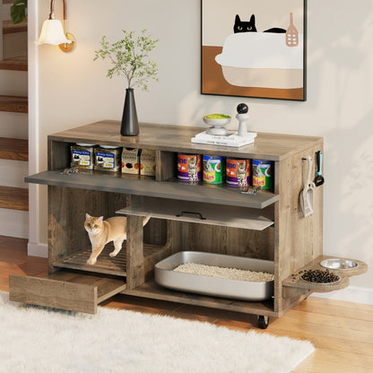 Kattenbakkast – Kattenbakmeubel – Kattenlitterkast – Kattenbak Opbergkast – Kattenbak Omkast – Walnoot Hout – Verplaatsbare Kattenbak & Opbergruimte