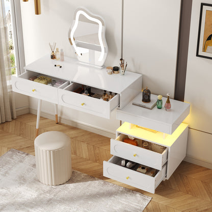 Kaptafel – Make-up Tafel – Dressing Table – Schoonheidstafel – Opbergmeubel – Modern Wit – Met 4 Lades en Open Plank – Compact Ruimtebesparend Ontwerp – Stevig Metalen Frame met Gouden Knoppen – Inclusief Kledingrek – 140x40x130 cm