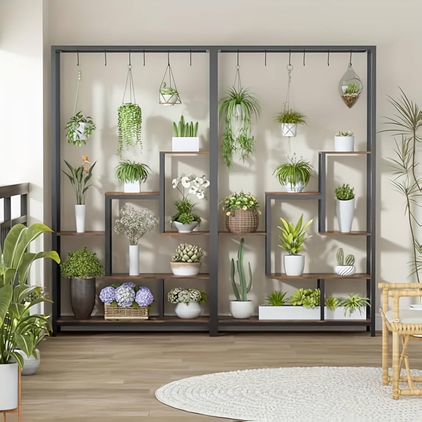 Plantenstandaard Binnen – Plantenrek – Plantenkast – Plantenhouder – Bloementrap – 5 Niveaus – Stevig Metaal & Hout – Inclusief 6 S-Haken – 179 cm Hoog