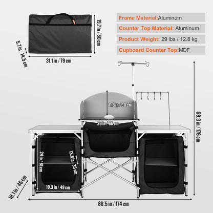 Campingkeukentafel – Outdoor Kooktafel – Inklapbare Tafel – Campingmeubel – Picknicktafel – Lichtgewicht Aluminium – 3 Opbergkastjes & Afneembaar Windscherm – Zwart