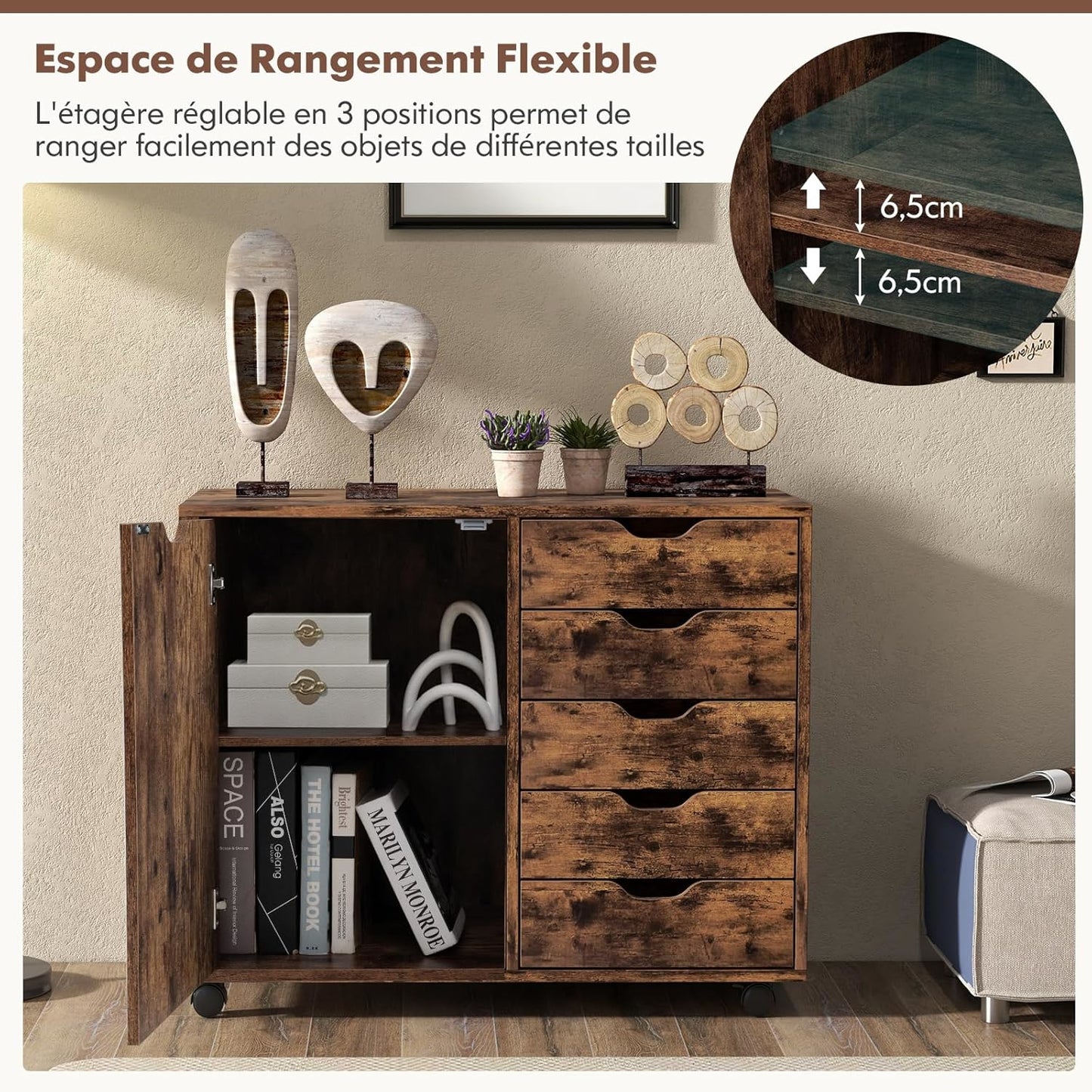 Printerkast – Bureaukast – Opbergkast – Printertafel – Opbergmeubel – Mobiel op wieltjes – Verstelbaar tussenrek – 78x40x65 cm – Houtkleur bruin