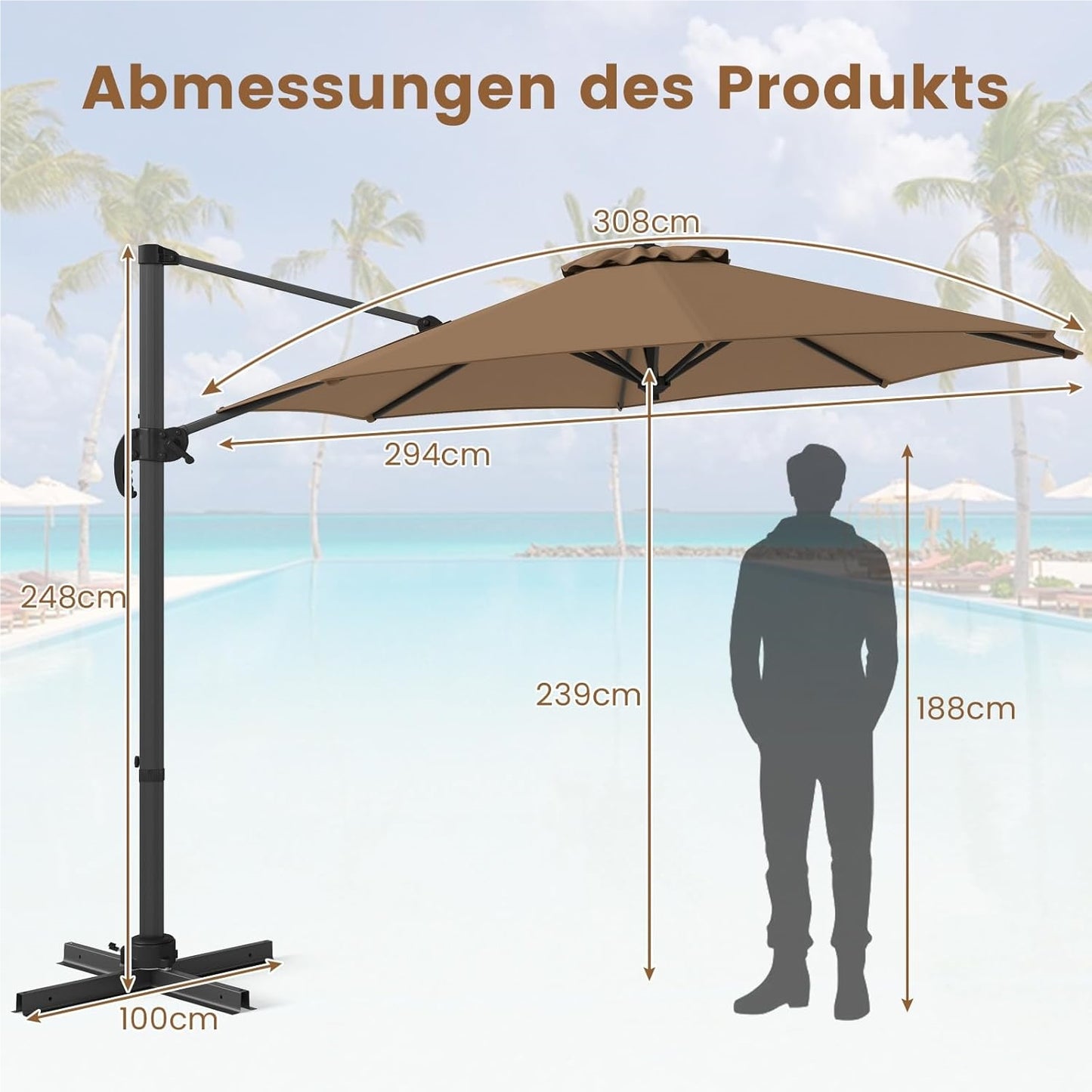 Parasol – Tuinparasol – Zweefparasol – Balkonparasol – Stokparasol – Ø 300 cm – Kantelbaar & 360° Draaibaar – UV-bestendig Polyester – Robuuste Aluminium Frame – Bruin