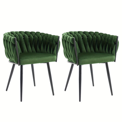 Velvet Eetkamerstoelen – Stoelen Set – Keukenstoelen – Dining Stoelen – Zithoek Stoelen – Met Armleuningen – Met Metalen Kruisframe – Comfortabele Velvet Bekleding – Gevlochten Rugleuning – Frisse Groene Kleur – Set Van 2