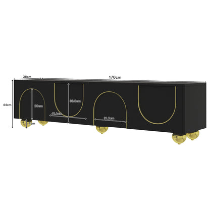 TV Lowboard – TV Meubel – Sideboard – Mediakast – Opbergkast – Modern Design – Zwart Met Gouden Details – 170x38x44 cm – Push-Open Deuren