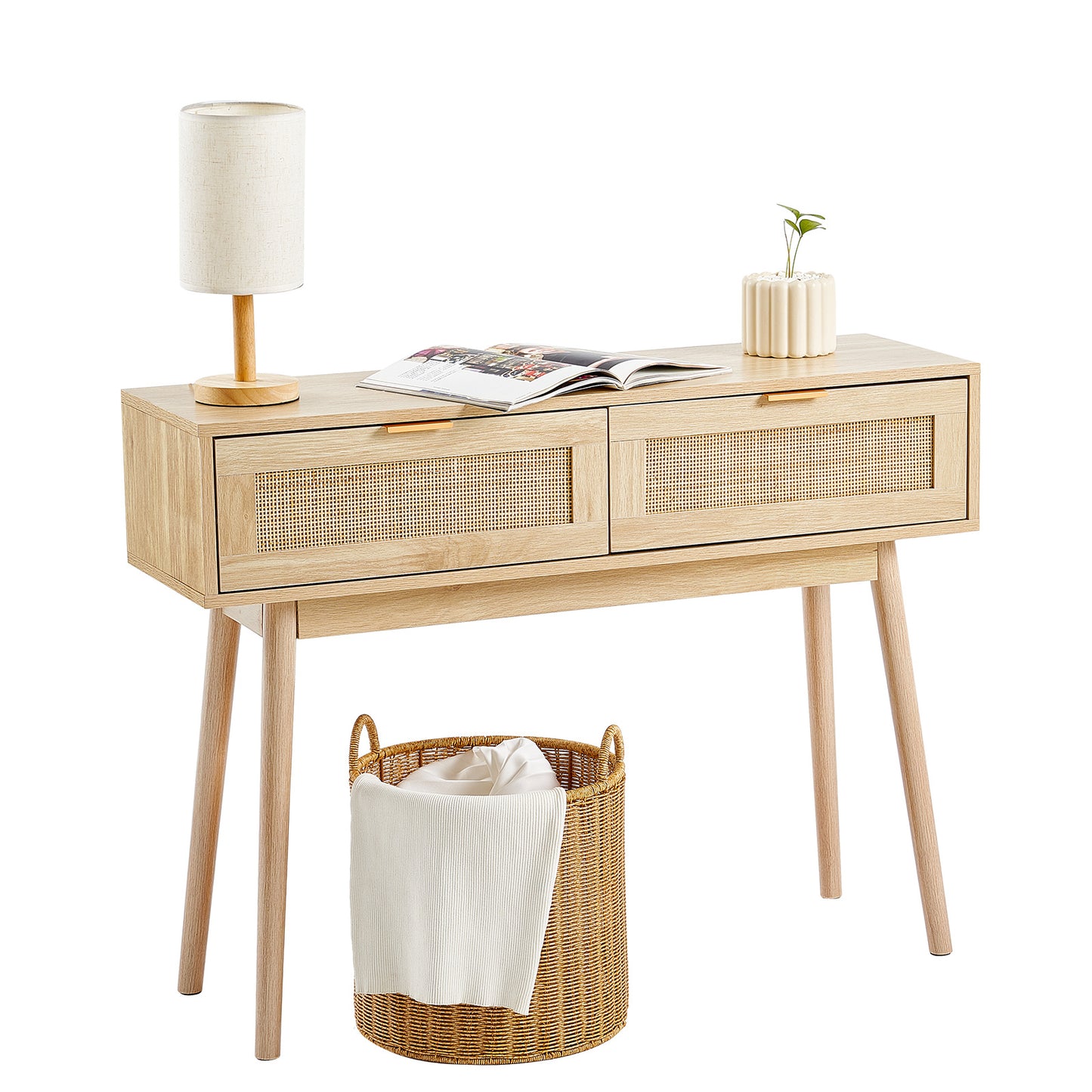 Sidetable – Wandtafel – Console – Haltafel – Bijzettafel – Natuurlijk Rattan – 2 Laden – Duurzaam MDF