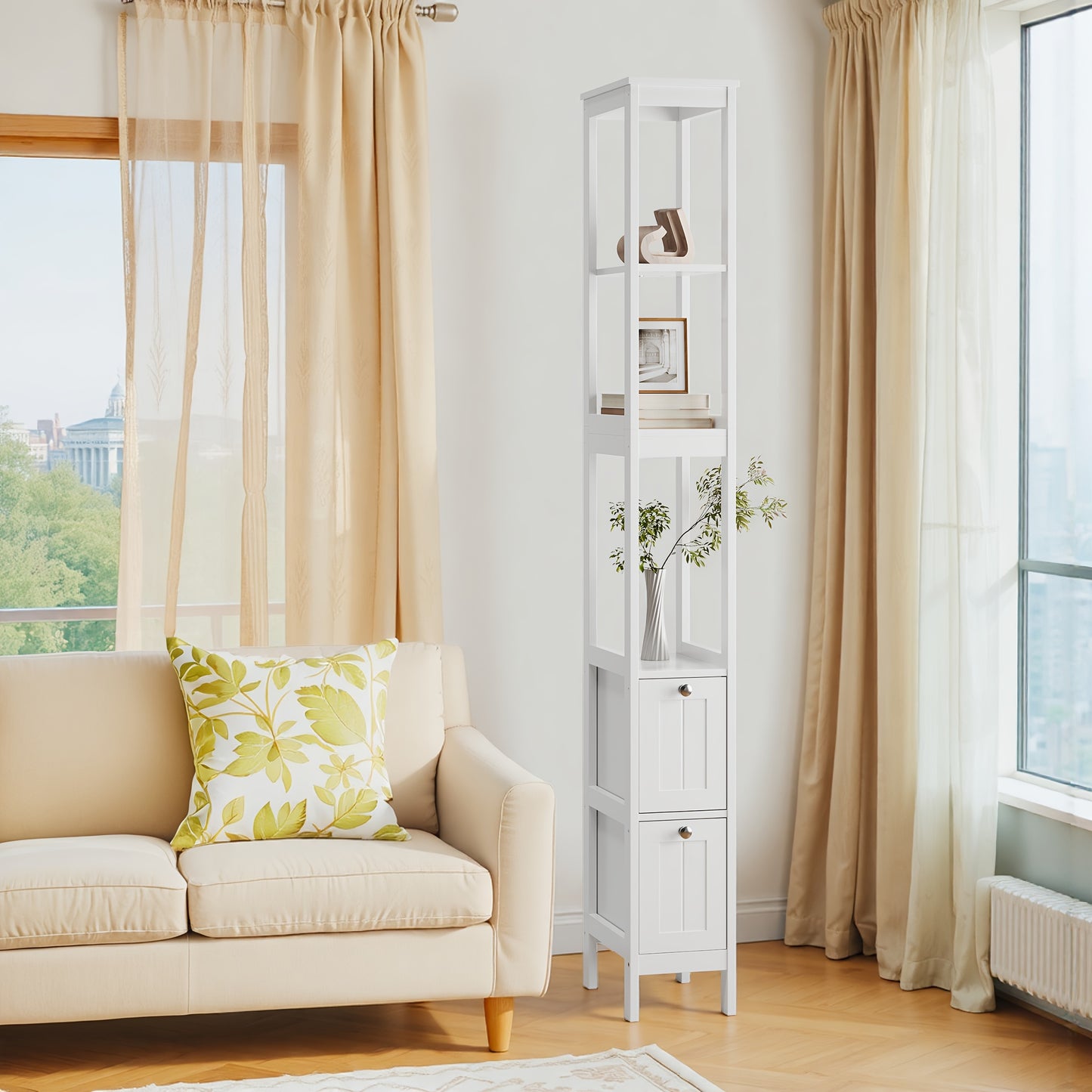 Space-Saving Narrow Tall Bookshelf Cabinet - Heavy-Duty Freestanding Storage Unit with 2 Drawers & 3 Shelves, Slim Modern design for Living Room, Bedroom, Home Office - Sturdy Metal Construction, Easy Assembly, White Finish (