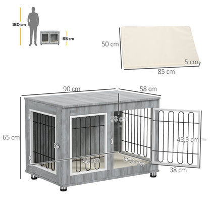 Hondenbench – Hondenkennel – Hondenkooi – Hondenkooi Bench – Hondenbench Met Kussen – Grijs – 2 Dubbele Sloten – Afneembaar Wasbaar Kussen – 90x58x65 cm