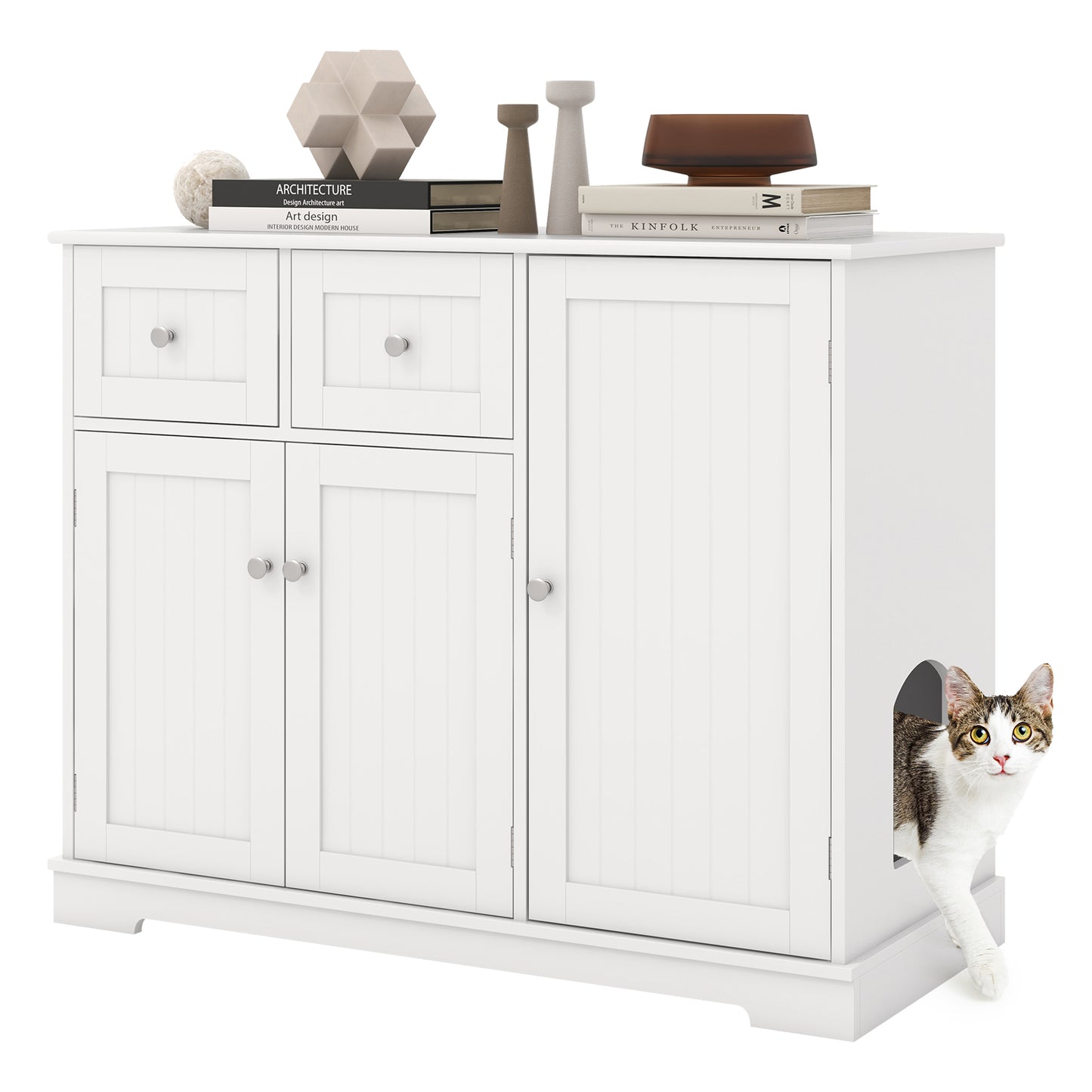Kattenbakkast – Kattenbak Verstopplek – Kattenbakkast – Kattenhuis – Kattenmeubel – Wit MDF Hout – 2 Laden en 3 Deuren – Antikantelbeveiliging – Modern Design 101x46x80 cm
