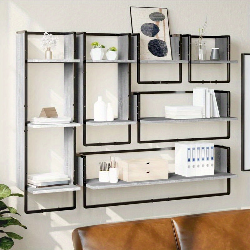6pcs Wall Shelf Set with Rods, Treated Wood in Gray Sonoma Finish