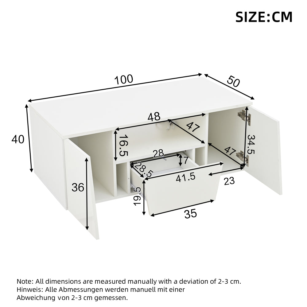 Salontafel – Koffietafel – Woonkamertafel – Bijzettafel – Tafel – Glanzend Wit – 2 Kasten & 1 Lade – 100x50x40 cm – Onregelmatige Vorm – Duurzaam & Gemakkelijk te Monteren