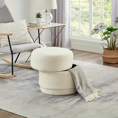 Poef – Opbergpoef – Opbergkruk – Zitzak – Voetenbankje – Ronde Opbergkruk Beige – Met Opbergruimte – Metaal & Zachte Bekleding – 45x45x46 cm – Direct Gebruiksklaar