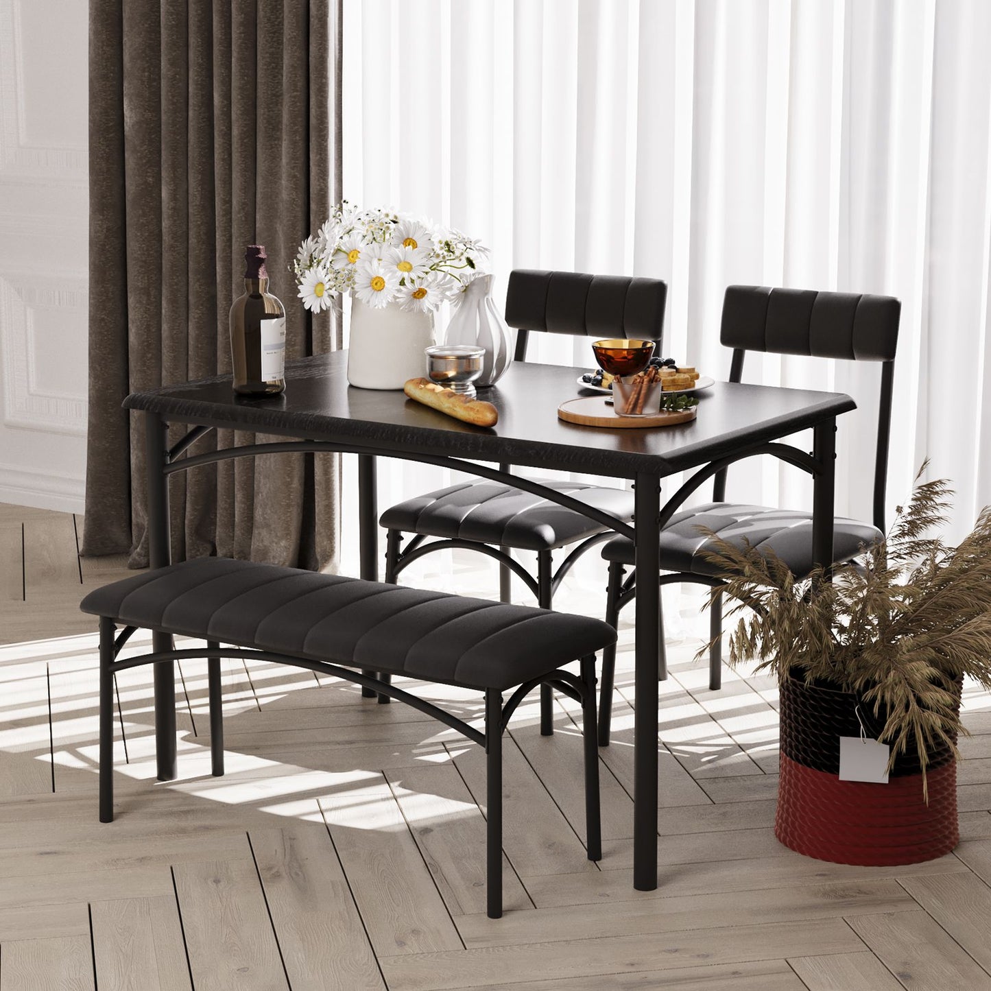 Eettafelset – Eettafel – Stoelen – Bankje – Diningset – Zwart – Compact Formaat – Hardhouten Frame