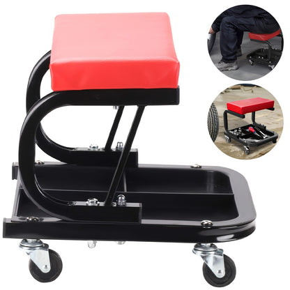 Werkkruk Garagekruk Werkstoel Werkbank Krukje – Mobiele Zwenkwielen Gereedschapbak – PU Lederen Zitkussen – Robuust IJzeren Frame – 36x37x33,5 cm – 360° Draaibaar