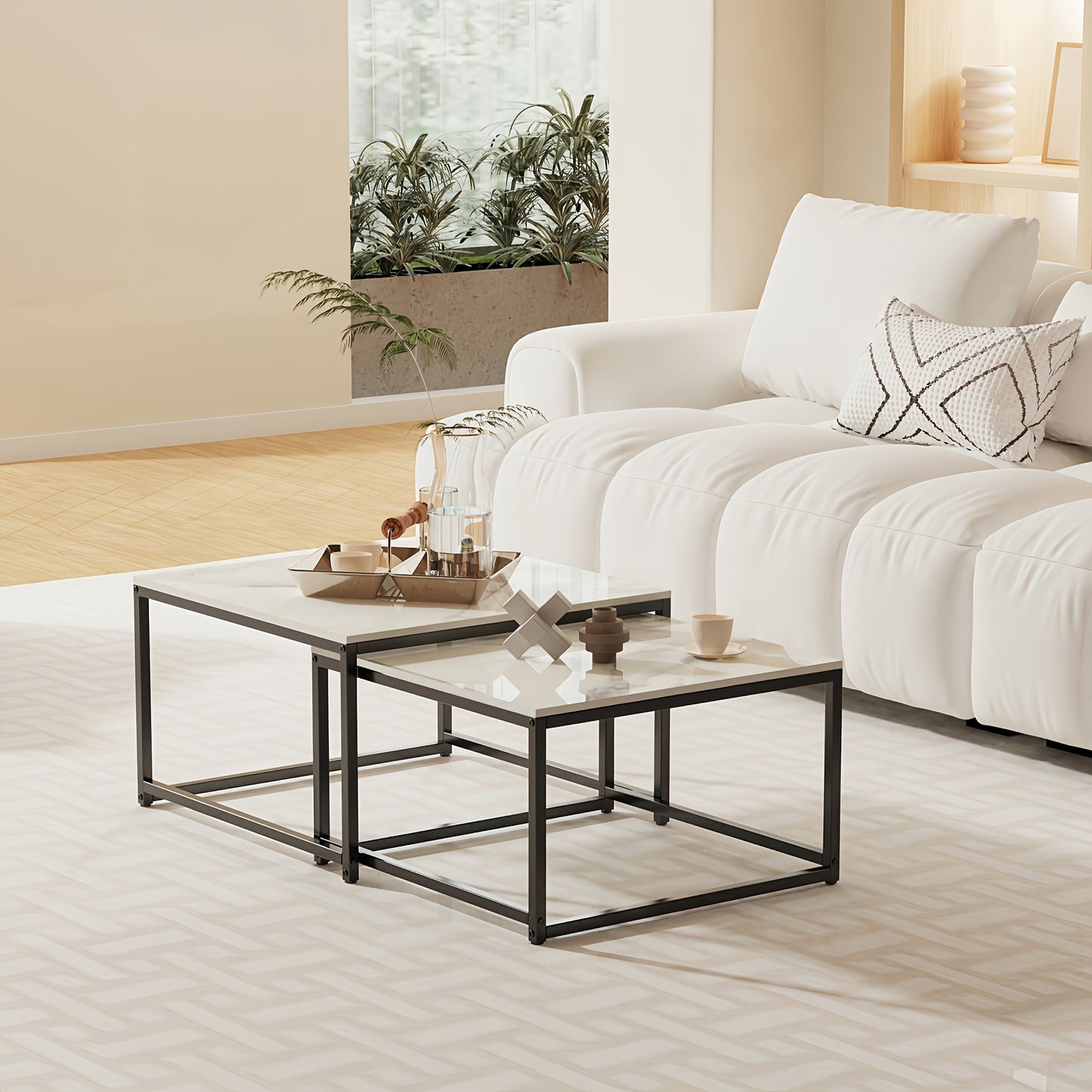 Nesting Salontafels – Bijzettafel – Zijkanttafel – Koffietafel – Stapelbare Tafels – Sintered Stone Donkergrijs/Wit Marmer – Hittebestendig & Krasvast – Set Van 2