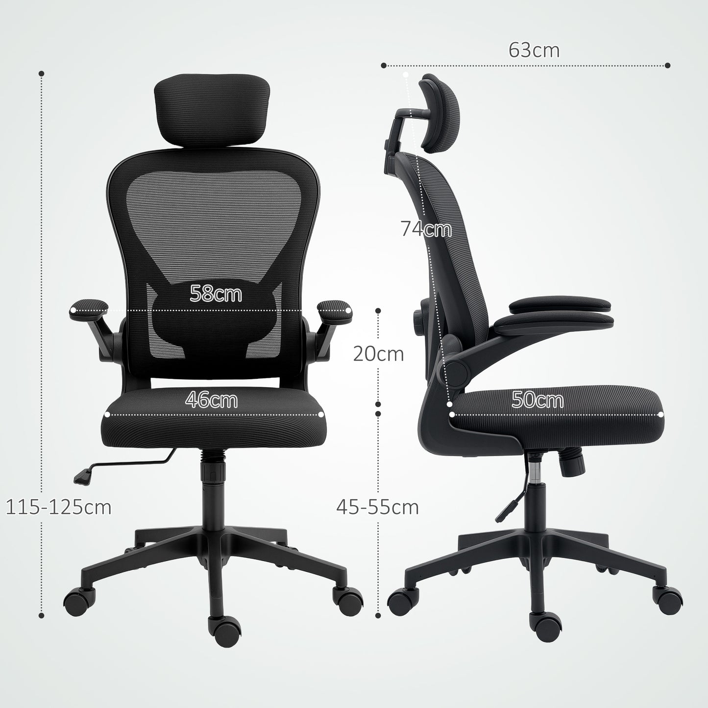 Ergonomische bureaustoel – Comfortabele werkstoel – Office chair – Desk chair – Zwarte bureaustoel – Verstelbare lendensteun – Opklapbare armleuningen