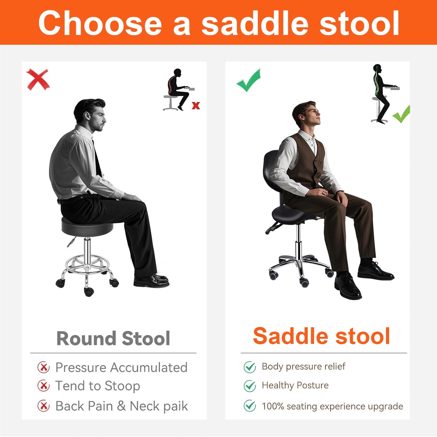 Werkkruk Zadelkruk Kruk Met Wieltjes Salonkruk Verstelbare Zadelstoel – Ergonomisch Zadelontwerp – Verstelbare Hoogte 52-68 cm – Stevige Zwenkwieltjes – Zwart/Wit