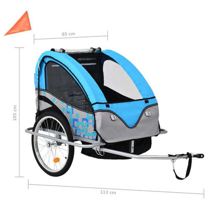 2-in-1 Fietskar en Wandelwagen – Fietsaanhanger – Buggy – Kinderkar – Wandelwagen – Blauw en Grijs – Veiligheidsharnas – Eenvoudig Om te Bouwen
