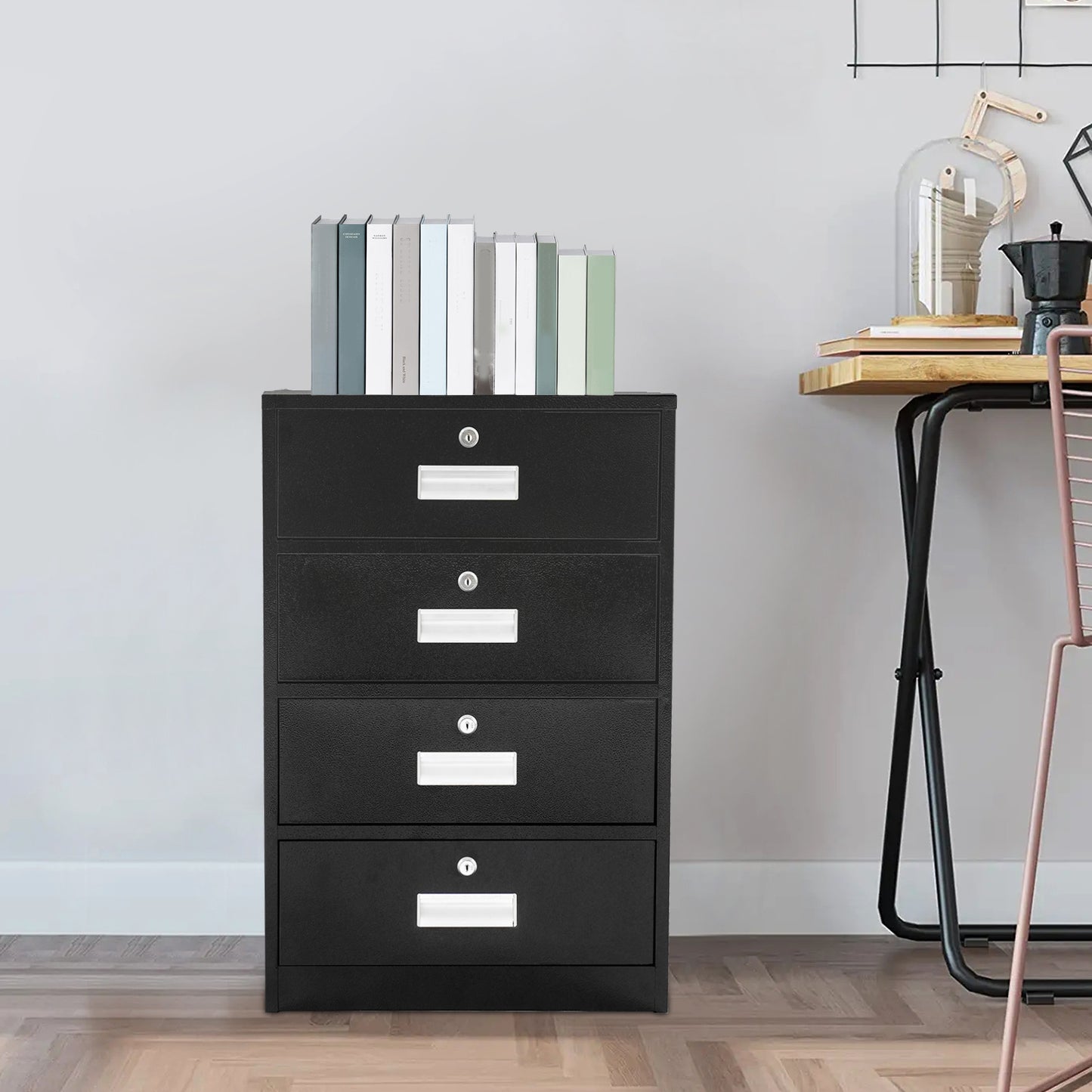 Metalen Opbergkast – Ladekast – Archiefkast – Documentenkast – Lockerkast – Stevig Koudgewalst Staal – 4 Lockable Laden met Sloten – Ruimtebesparend Verticaal Design – Zwart