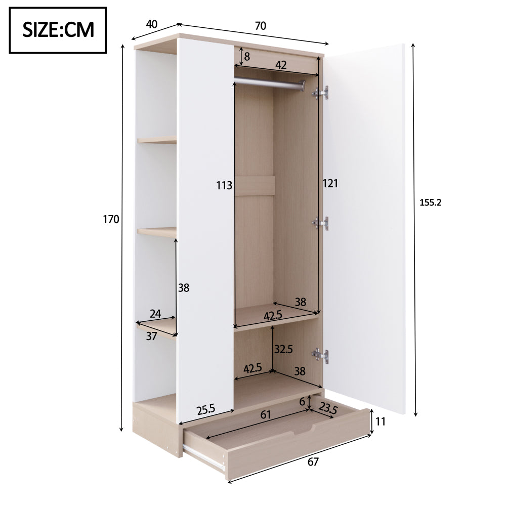 Kledingkast – Garderobekast – Opbergkast – Draaideurkast – Slaapkamerkast – Compact 70x40x170 cm – Metalen Constructie Wit