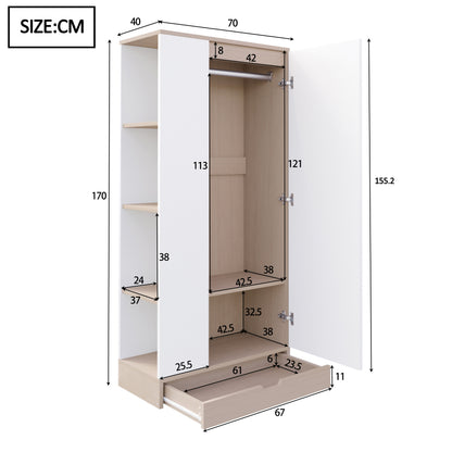 Kledingkast – Garderobekast – Opbergkast – Draaideurkast – Slaapkamerkast – 70x40x170 cm – Met Planken en Lades – Stevige Metalen Constructie – Strak Wit Design