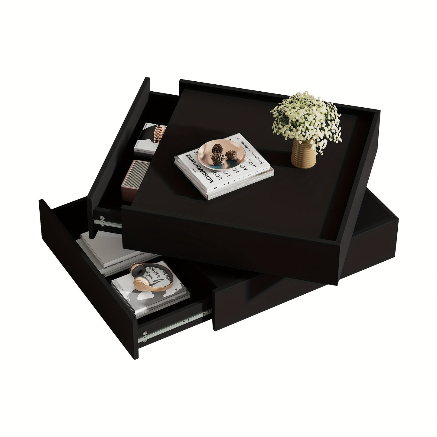 Functional Coffee Table For The Living Room, 360° Swivelling, Swivelling Table Top With 2 Shelves And Storage Space, Black Living Room Side Table Frame, 60*60*38 Cm