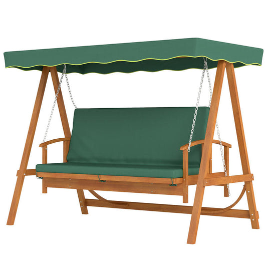 Hollywood swing with sunroof, real wood garden swing, swing bench with reclining function, for 3 people, dark green,  Stylish Seating, Classic Design, Weatherresistant Material, Durable Metal Frame, Threeseater Swing, Sun Can