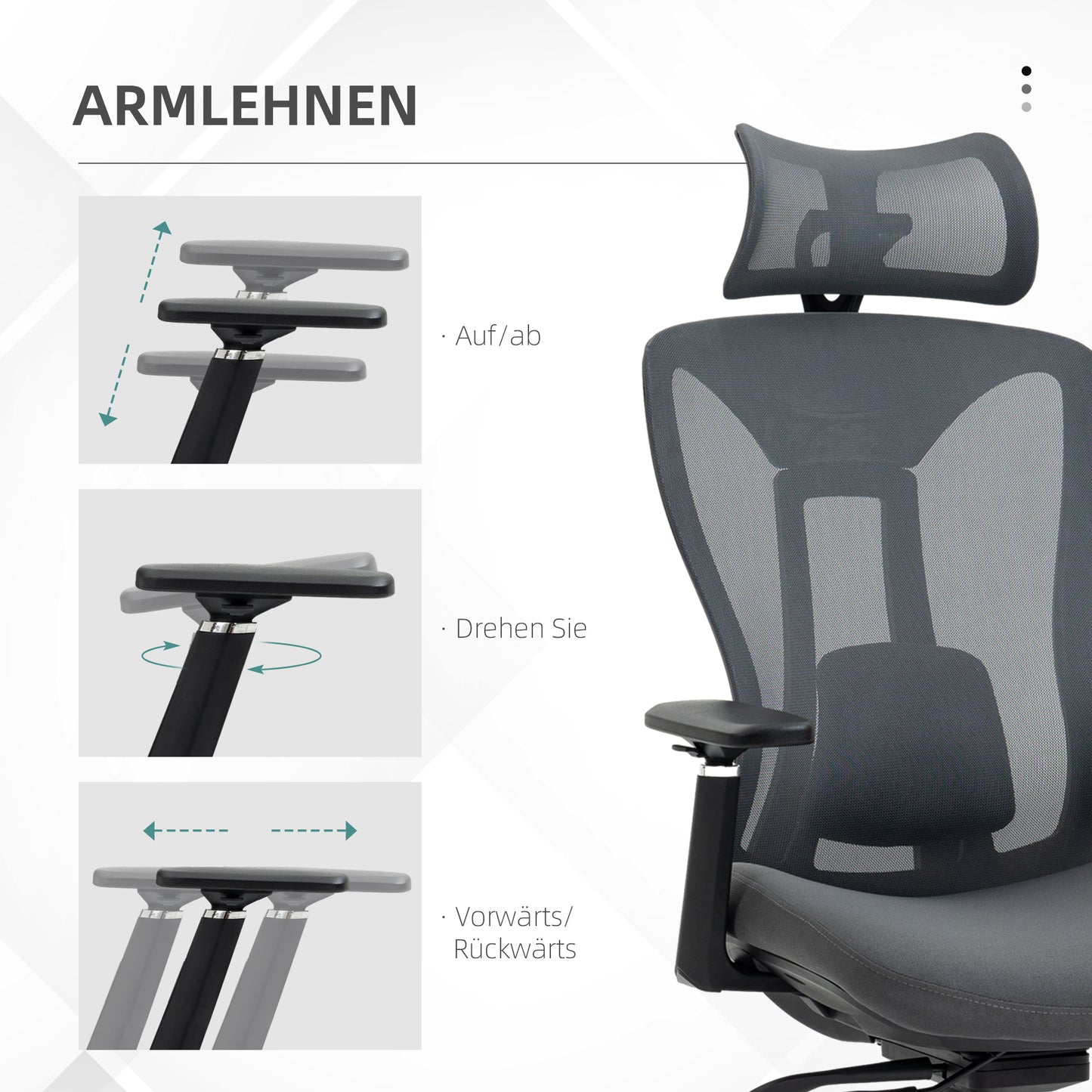 Bureaustoel – Ergonomische Stoel – Draaistoel – Kantoorstoel – Gamingstoel – Verstelbare Rugleuning – Hoofdsteun – Mesh – Grijs