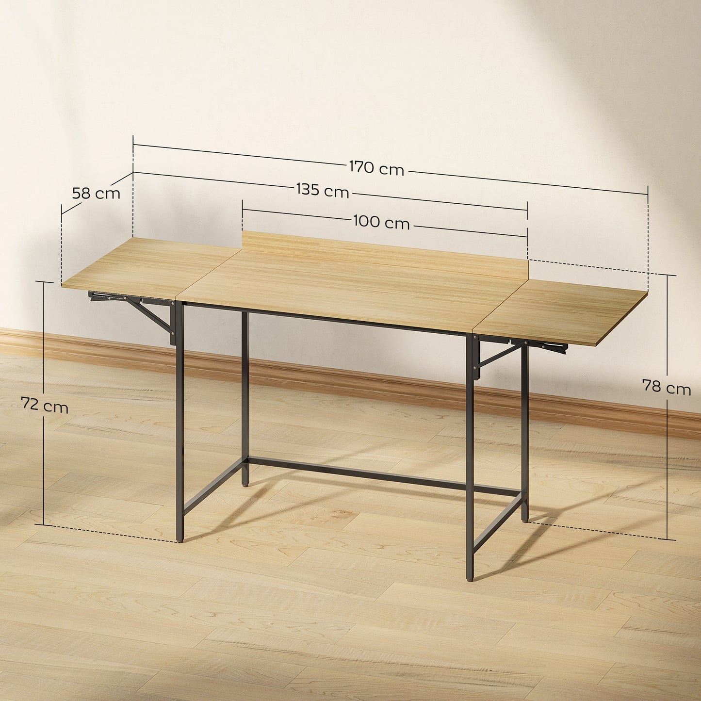 Foldable Computer Desk with 2 Extendable Panels, Ample Space for Monitors, Metal Legs, Sturdy Construction, Oak+Black