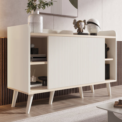 BTM Sideboard Dresser with Three Drawers, Striped Sliding Doors, Storage Shelves, and Raised Countertop, Modern Sideboard in White and Wood Finish on Tall Wooden Legs, 117.5×39.5×79 cm