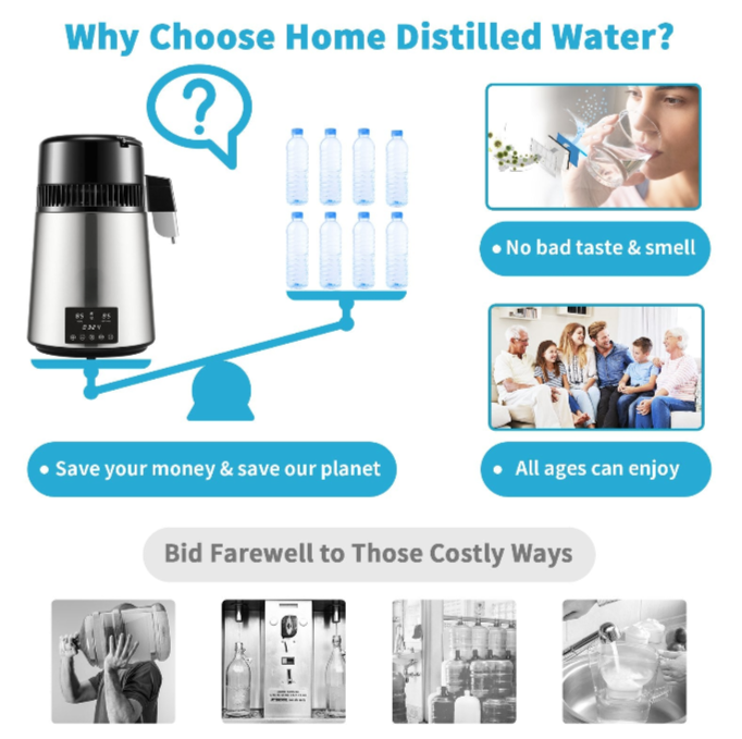 Water Destilleerapparaat - 4 Liter - 1,5L/H distillatiesnelheid - Waterontharder - 304 Roestvrij staal - Overheat Protection - tot 100 Graden - Zilver - QUORE