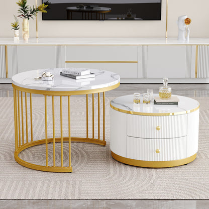 Modern Nesting Coffee Table Set with Two Drawers - Space-Saving Stackable Design, Marble-Like Round Tabletops, Metal Frame & High-Gloss Finish, 60x60x45.5cm & 50x50x32cm, 30kg Weight Capacity, Easy Assembly for Small Living R