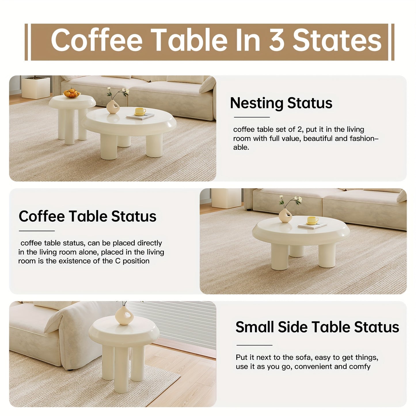 Salontafel – Bijzettafel – Koffietafel – Woonkamertafel – Banktafel – Set Van 2 – Ronde Design – Milky Wit – Compact En Ruimtebesparend – Eenvoudig Te Monteren