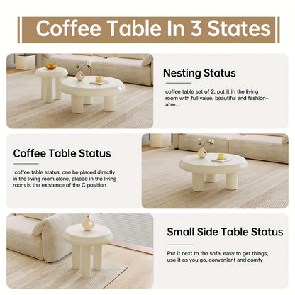 Salontafel – Bijzettafel – Koffietafel – Woonkamertafel – Banktafel – Set Van 2 – Ronde Design – Milky Wit – Compact En Ruimtebesparend – Eenvoudig Te Monteren