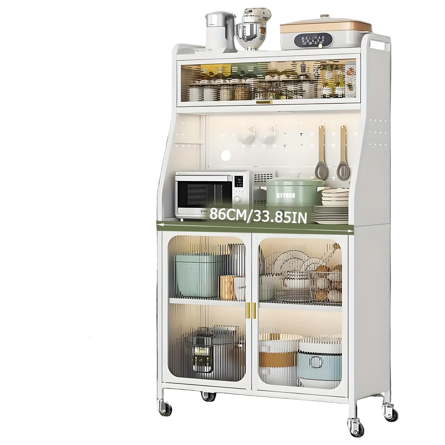 Keukenkast – Buffetkast – Hoge Kast – Opbergkast – Keukenmeubel – Met Wieltjes – Verstelbare Planken – Metaal Wit 86 cm Hoog