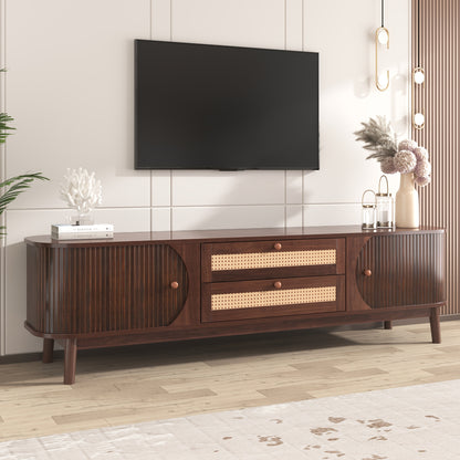 TV Cabinet - Natural Mixed Wood TV Cabinet with Doors And Drawers. TV Cabinet with Rattan Edges. Natural Country House Style