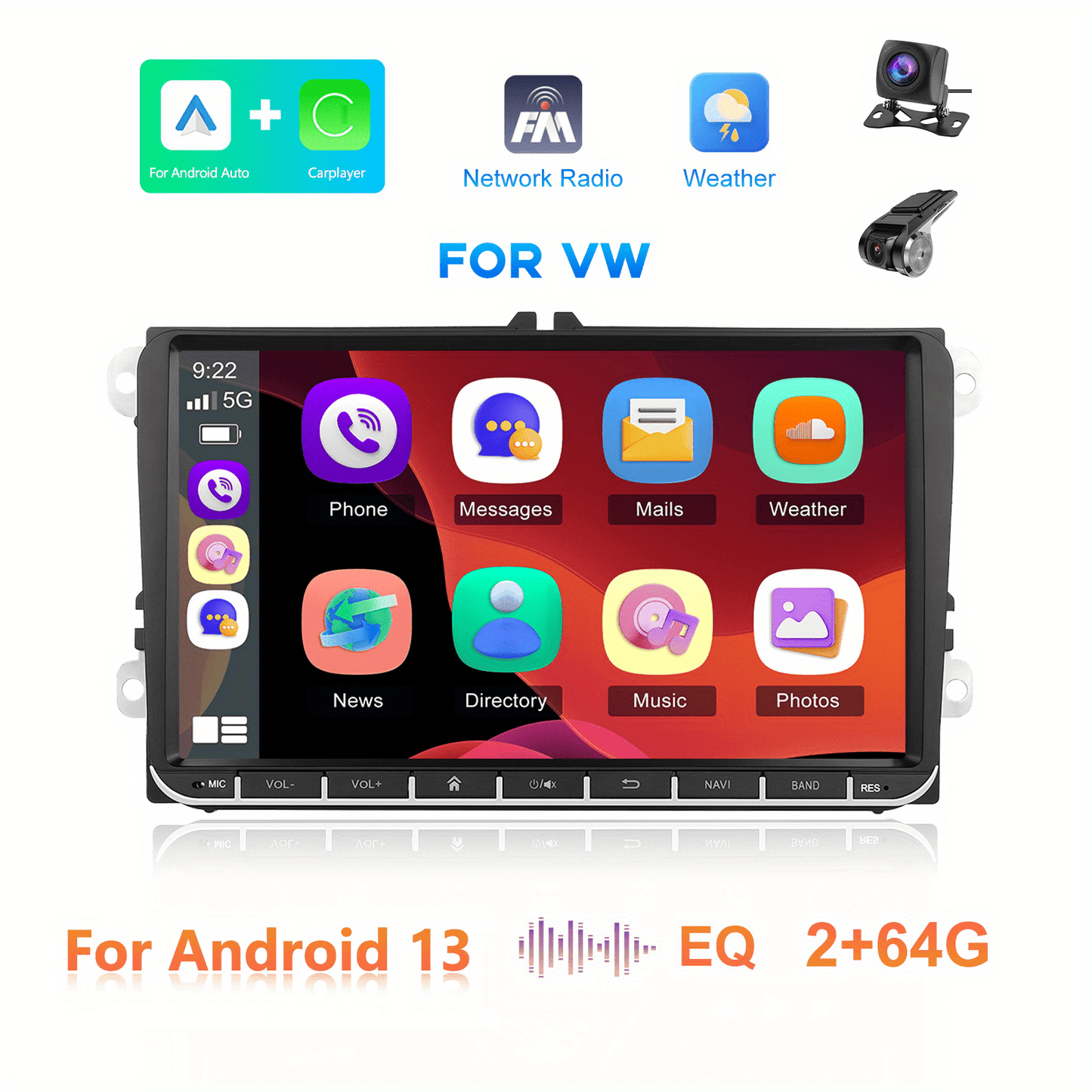 Autoradio – 2DIN Multimedia Speler – Car Radio – Auto Stereo – Double Din – Android 13 – 22,86 cm Capacitive Touchscreen – Draadloze CarPlay & Android Auto