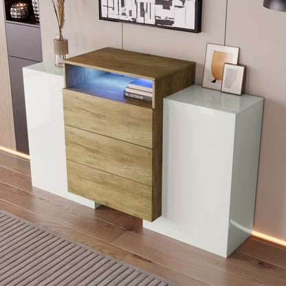 Dressoir – Sideboard – Opbergkast – Ladekast – Buffetkast – Hoogglans Wit Met Houten Accent – Compact 140 cm Hoog