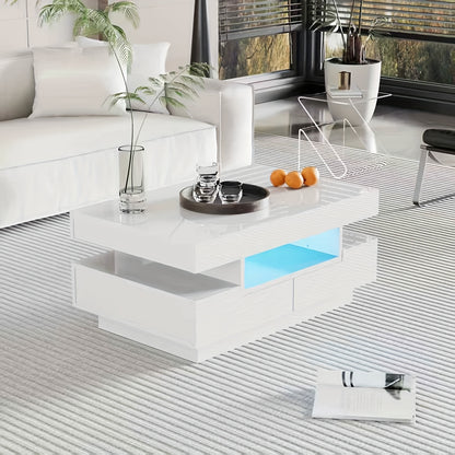 Modern White Metal Coffee Table with 4 Front & Back Drawers - High-Gloss Finish, Compact Design for Living Room, Bedroom, Office Storage, Coffee Table for Living Room, Bedroom Furniture, Contemporary Furniture, Sleek Finish