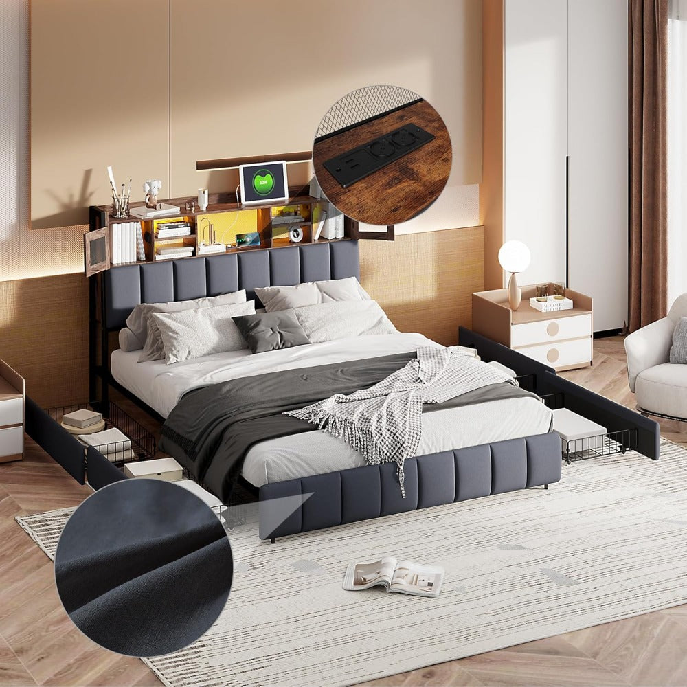 Tweepersoonsbed – Stalen Bedframe – Linnen Bed – Opbergbed – Led Bed – 140x200 cm – USB Aansluiting – 4 Ladevakken
