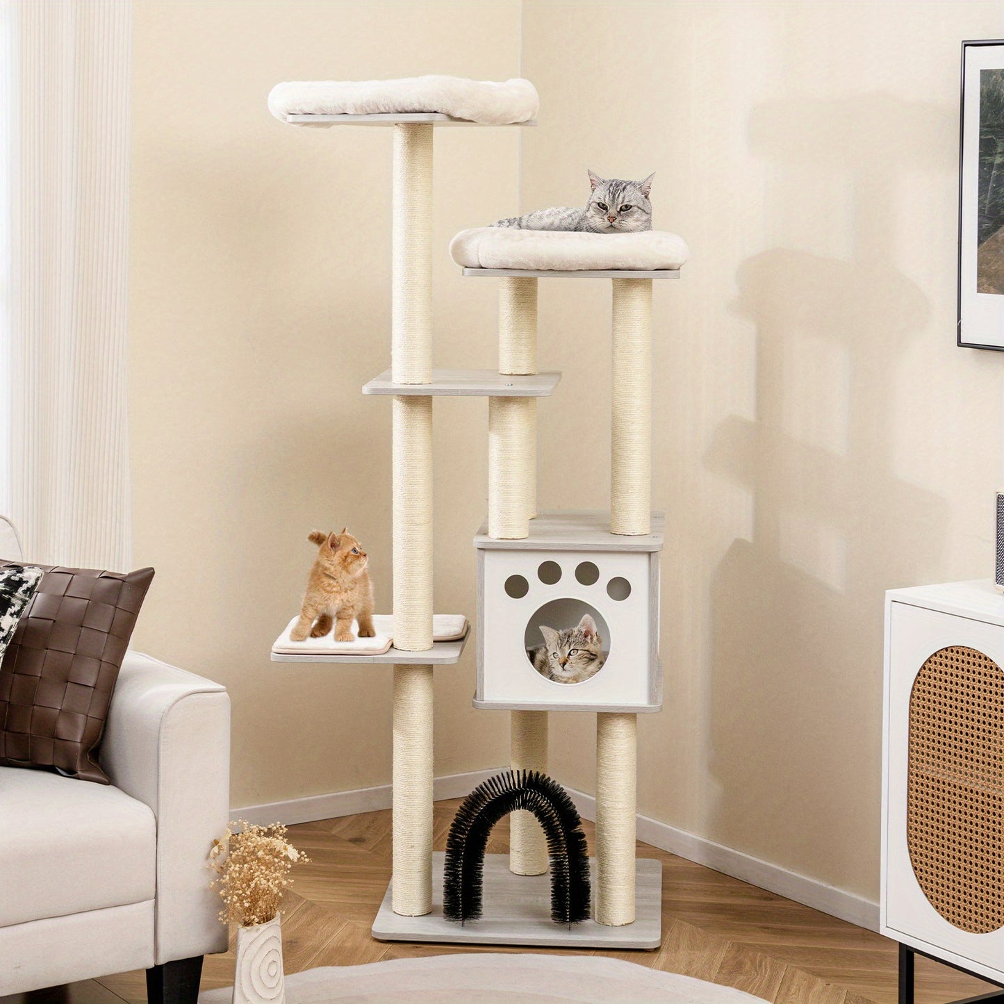 Krabpaal – Kattenboom – Kattenhuis – Krabmeubel – Kattentoren – 2 Pluche Ligplekken – Duurzame Vezelplaat – Compact Design