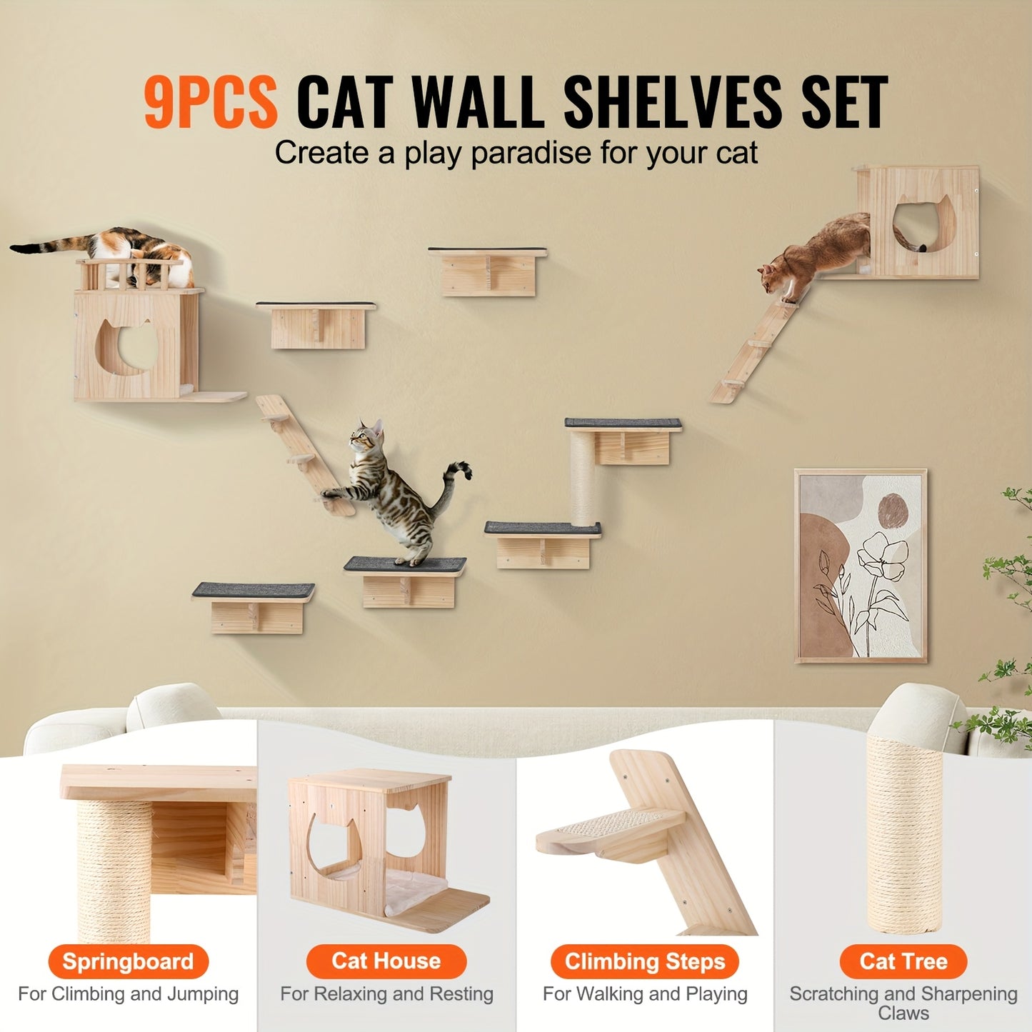 kattenwandplanken – kattenrennen – kattenhuis – kattenkooi – kattenverblijf – 9-delige set – duurzaam hout – multifunctioneel klimplezier