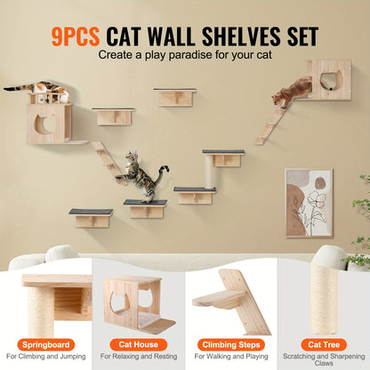 kattenwandplanken – kattenrennen – kattenhuis – kattenkooi – kattenverblijf – 9-delige set – duurzaam hout – multifunctioneel klimplezier