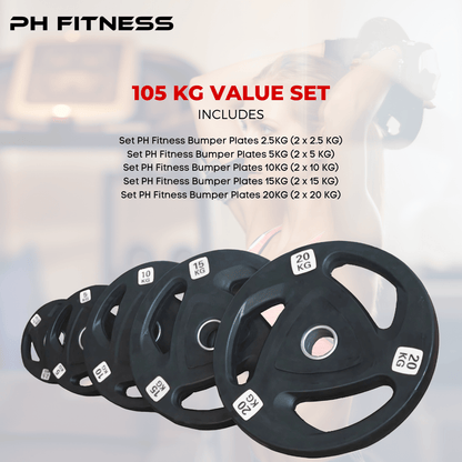 PH Fitness Premium Weight Plates – Rubber Coating – 35KG / 75KG / 105KG / 145KG / 290KG – Strength Training & Home Gym – 50mm Hole for Barbell