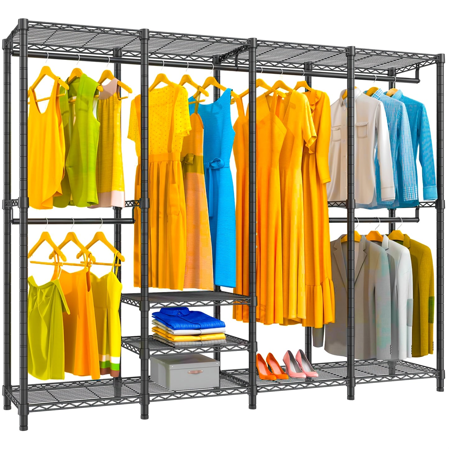 Kledingrek – Garderoberek – Kledinghouder – Kledingstang – Kast Organizer – XXL Capaciteit – Stalen Frame – 11 Planken – 4 Kolommen – Max 498 KG Draagvermogen – Zwart