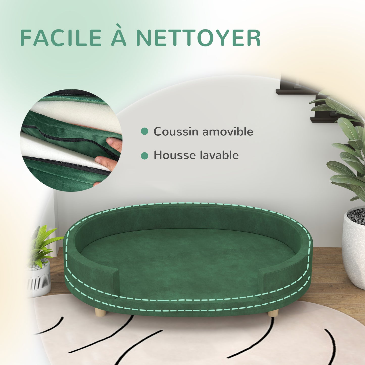 Hondenbankje – Dierenbank – Huisdierenbank – Kattenbankje – Groen – Zacht Fluwelen Bekleding – Afneembaar Wasbaar Kussen – Stevige Houten Poten – 100x70x25 cm – Geschikt Tot 30 kg