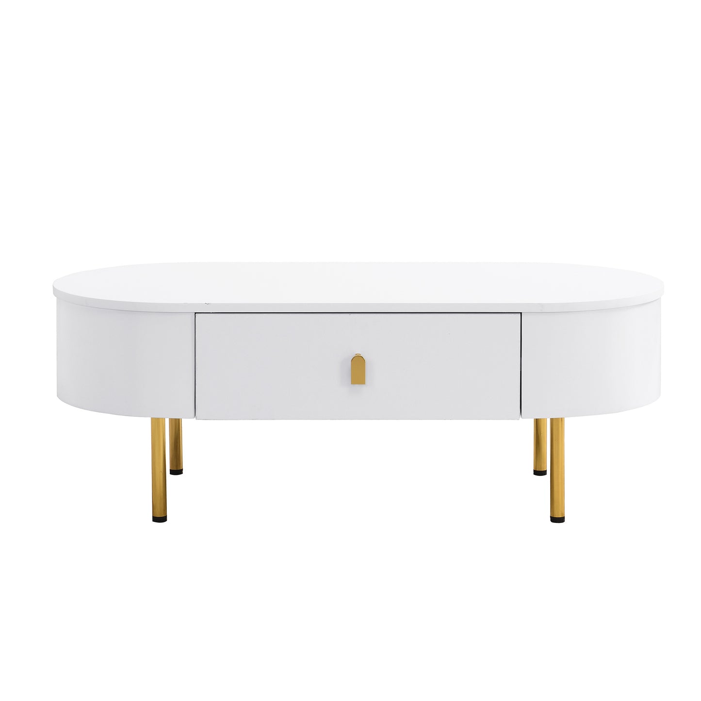 Salontafel Ovaal – Woonkamer Tafel – Koffietafel – Bijzettafel – Wit Met Gouden Details – 2 Opberglades – Afgeronde Hoeken – MDF 108 cm