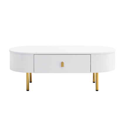 Salontafel Ovaal – Woonkamer Tafel – Koffietafel – Bijzettafel – Wit Met Gouden Details – 2 Opberglades – Afgeronde Hoeken – MDF 108 cm